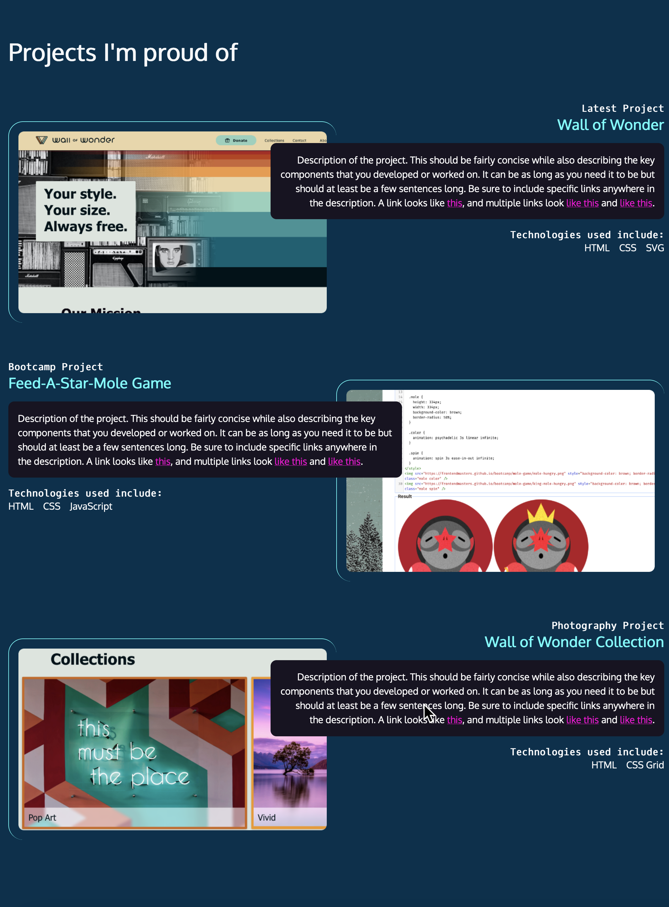 Full projects area, showing image on the left/text on the right for first and last projects, and text on the left/image on the right for the middle project.